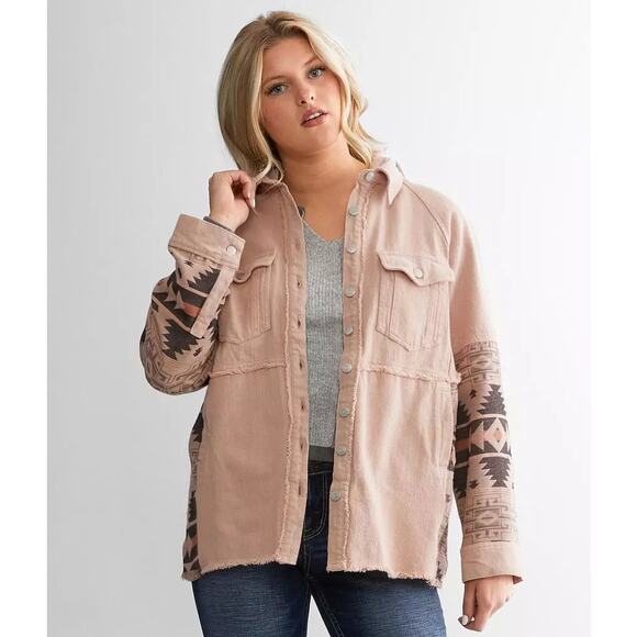 BKE Southwestern Pieced Denim Hooded Shacket Women S Light Tan Multi Frayed Hem - Picture 1 of 9